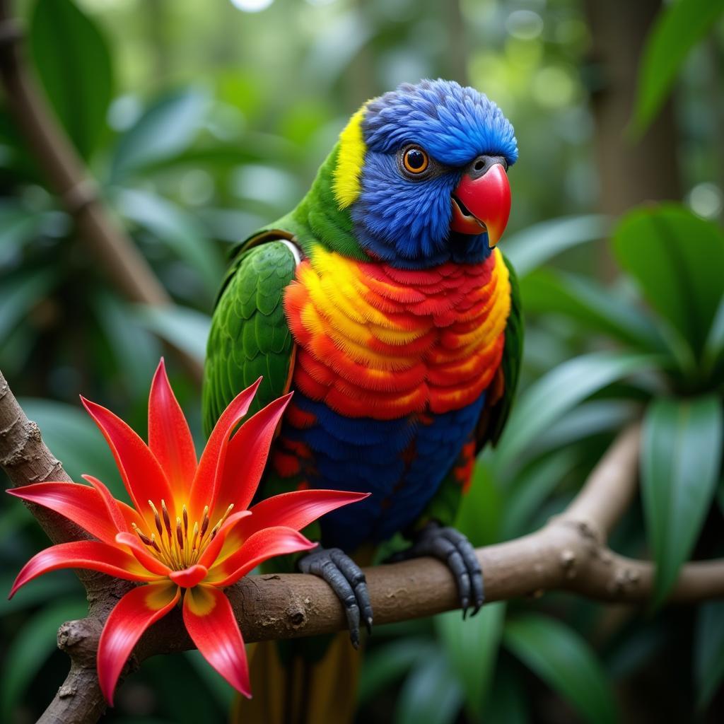 A vibrant painting of a parrot with multicolored feathers, perched on a branch in a lush jungle setting