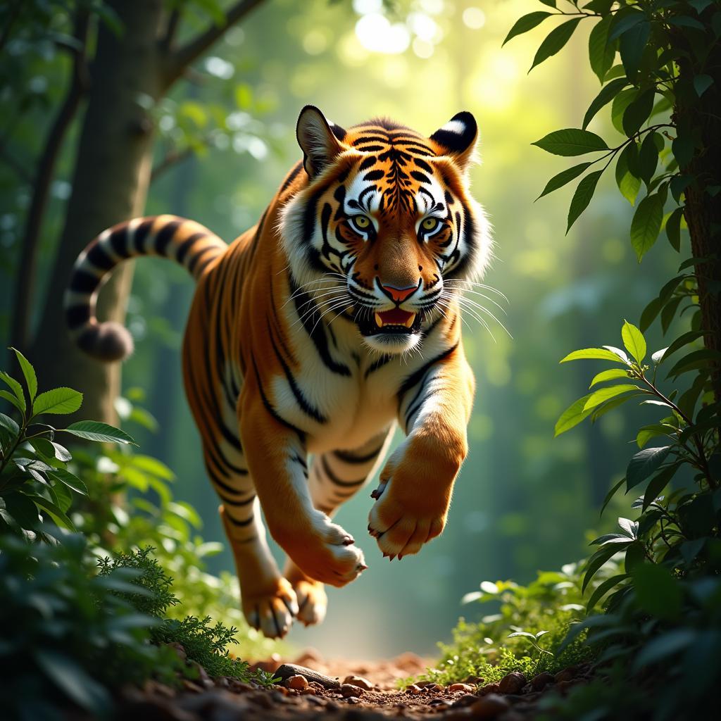 A dynamic painting of a tiger with orange and black stripes, leaping through a jungle scene