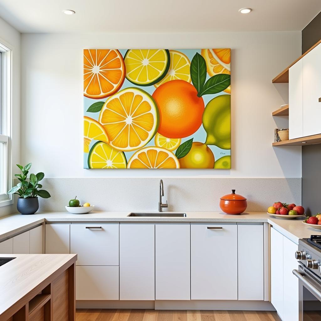 Colorful citrus fruit artwork in a modern kitchen