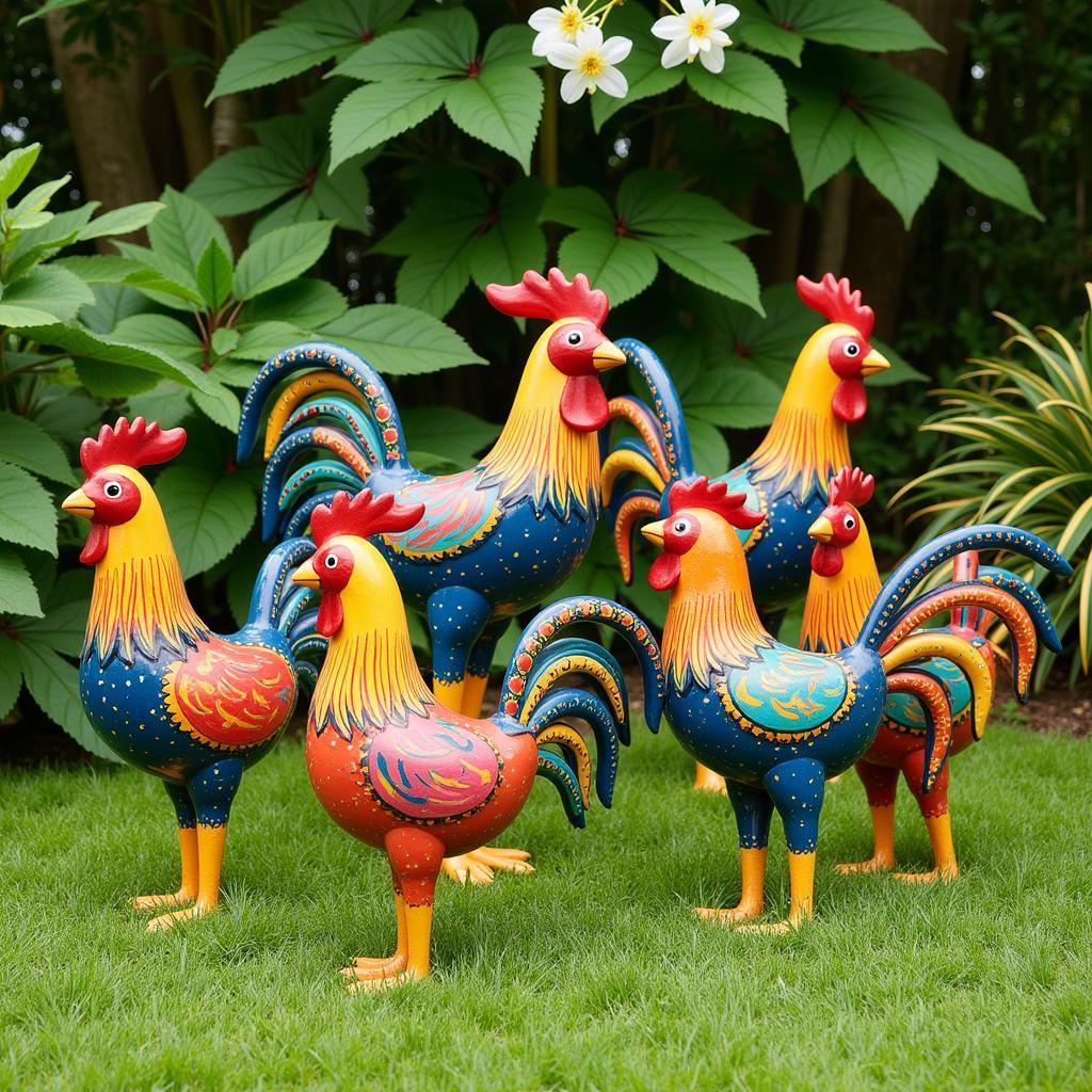 Colorful painted metal chicken sculptures displayed in a garden setting, showcasing a variety of styles and sizes.