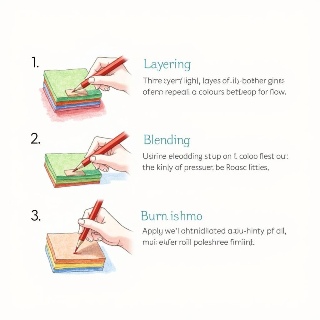 Demonstration of various coloured pencil techniques like layering, blending, and burnishing.