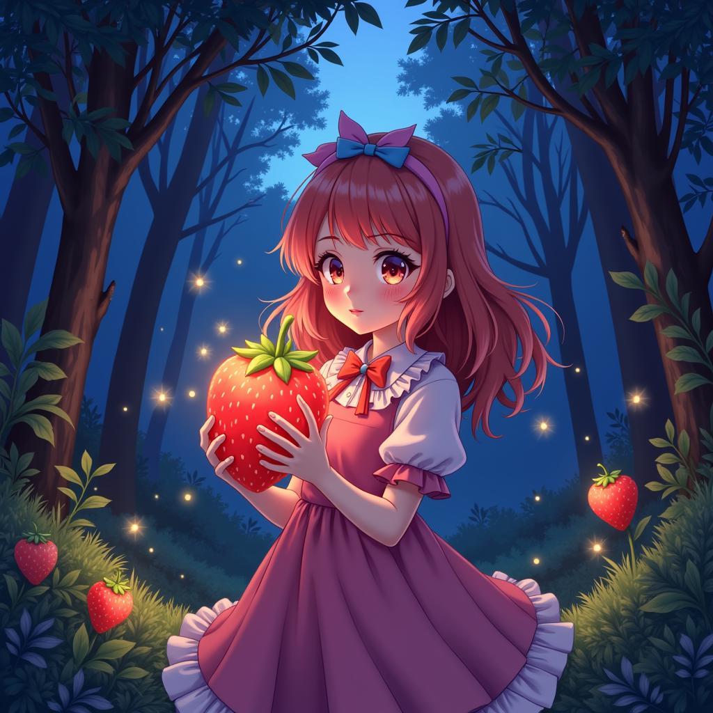 Strawberry Cookie in a magical forest, holding a glowing strawberry, anime style