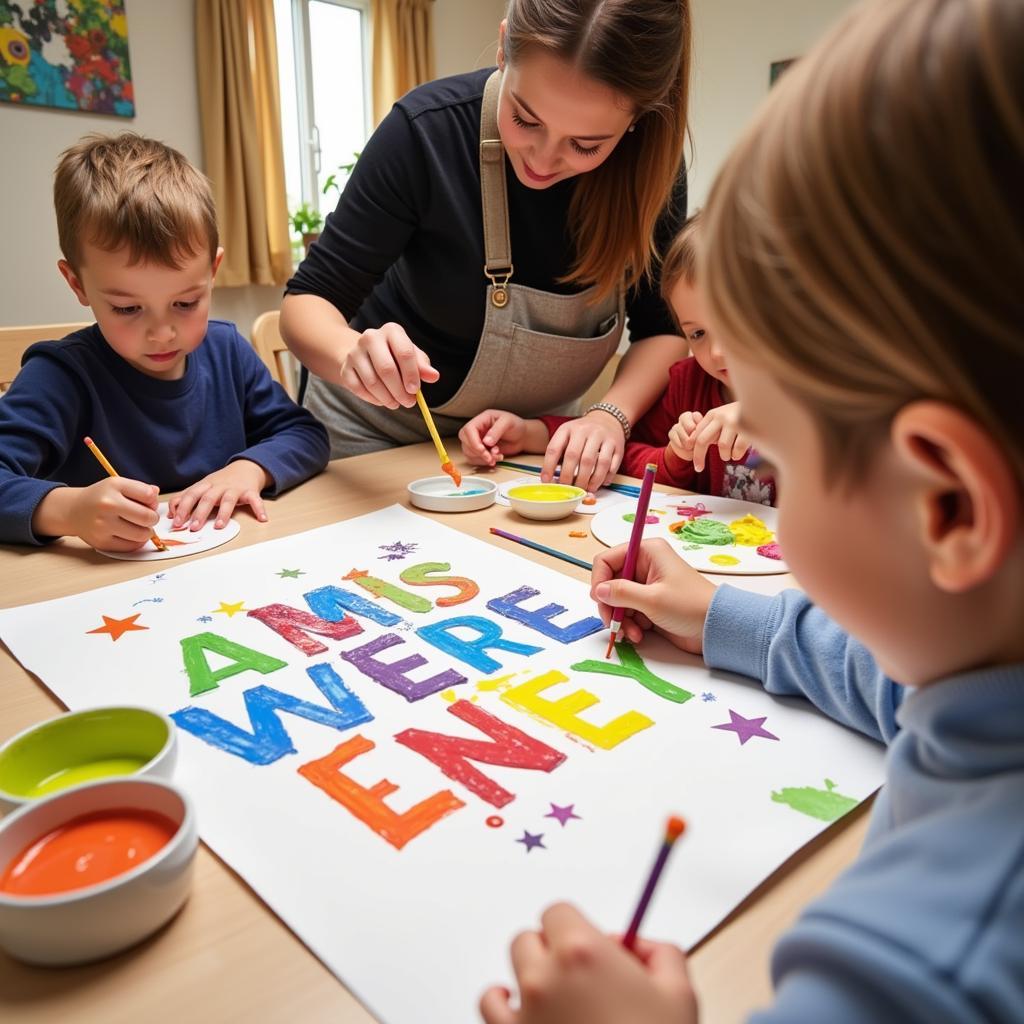 A family engages in a fun and creative DIY word art project.