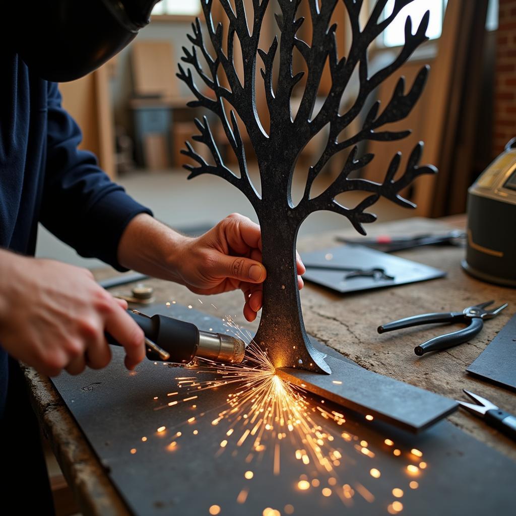 Artist Crafting Metal Tree Wall Art