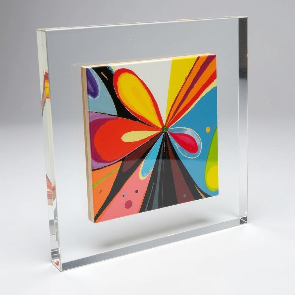 Modern abstract art piece within a sleek crystal frame.