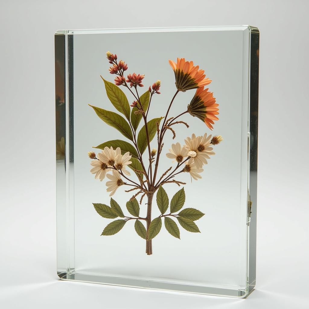 Delicate floral arrangement preserved and displayed in a crystal frame.