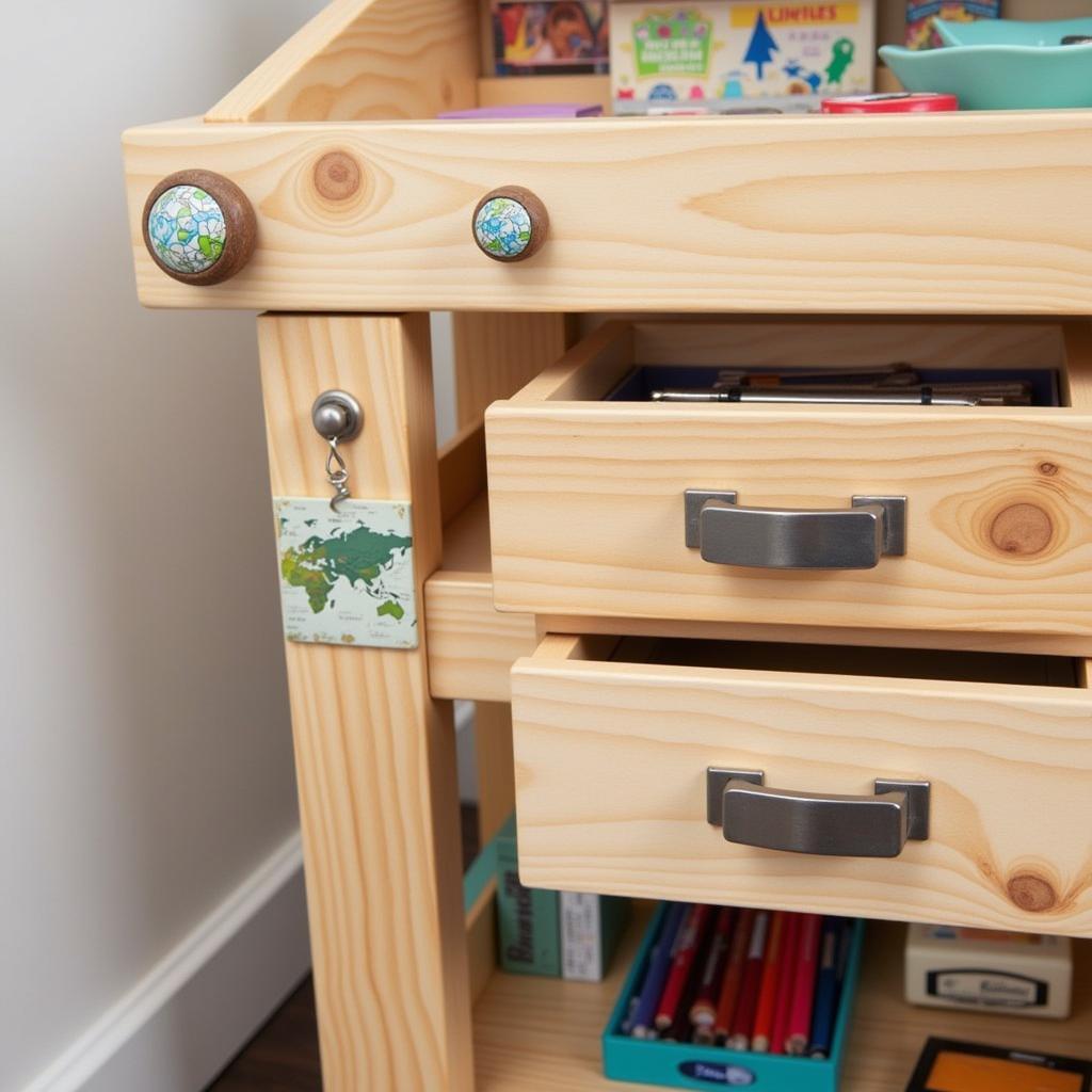 A customized wooden art cart with personalized touches, such as decorative knobs and a small wooden map, in a cozy art studio.