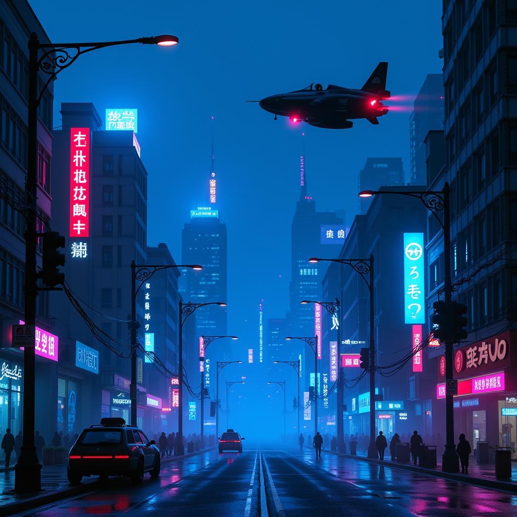 Dark Blue Digital Artwork Depicting a Cyberpunk Cityscape