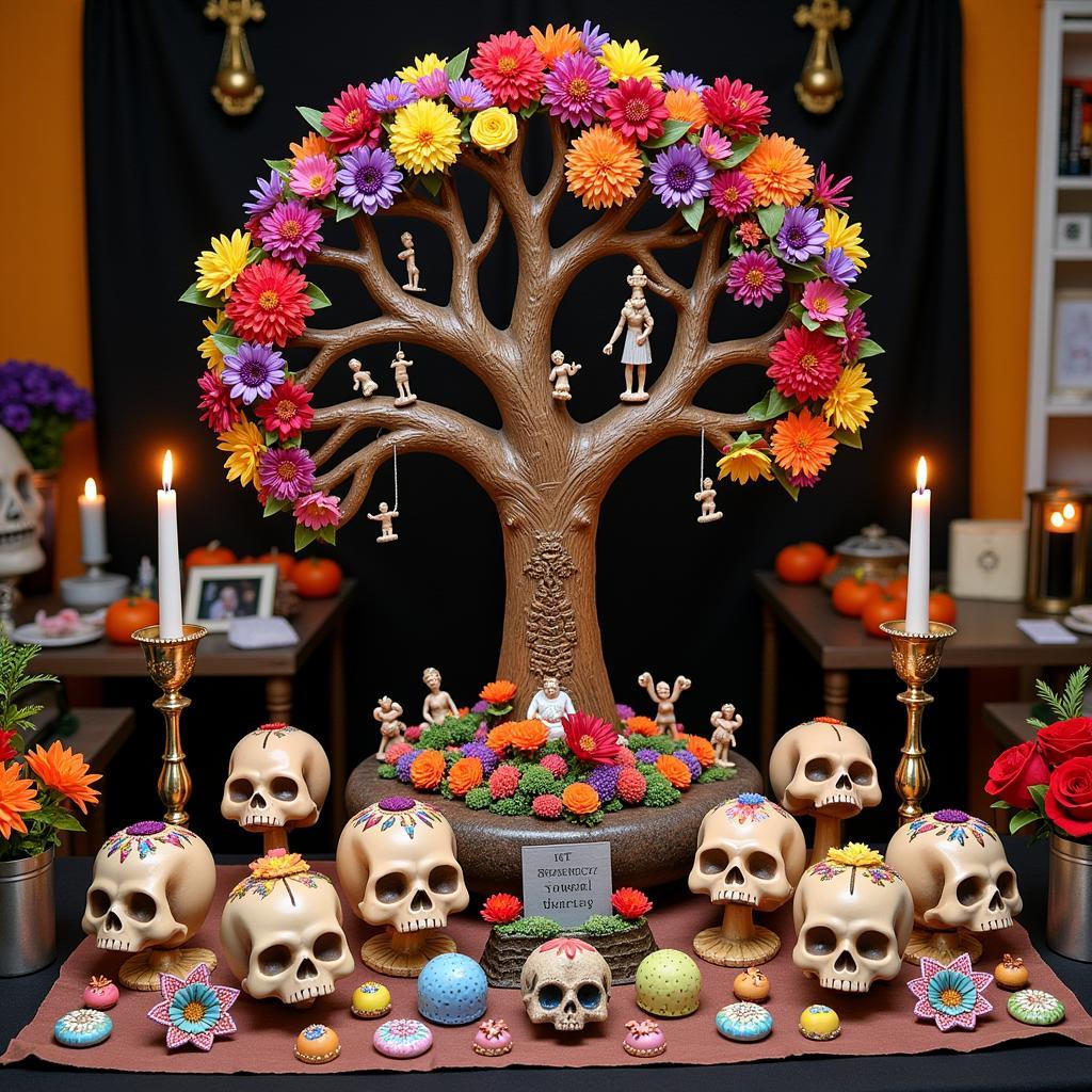 A Day of the Dead altar featuring a prominent Tree of Life sculpture.