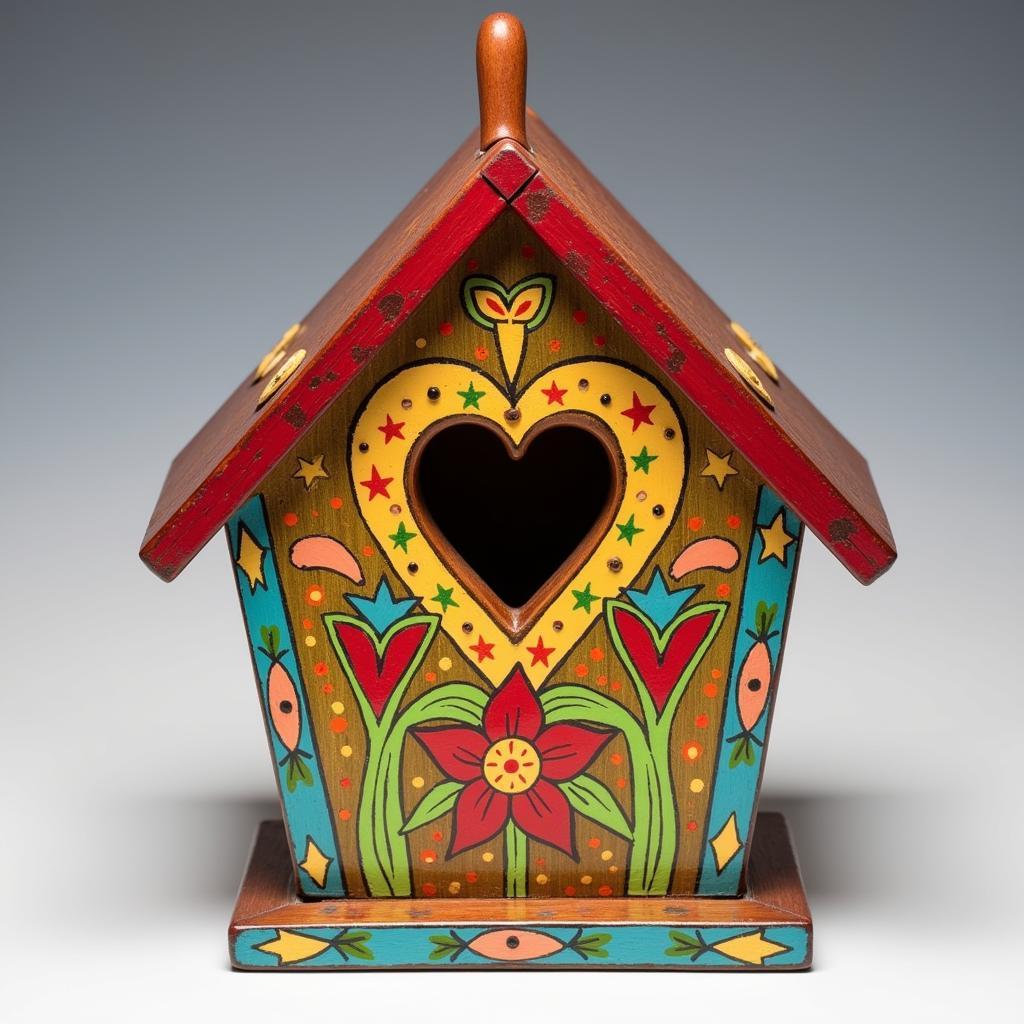 Delbert Buck's whimsical birdhouse sculpture showcasing his intricate folk art details.