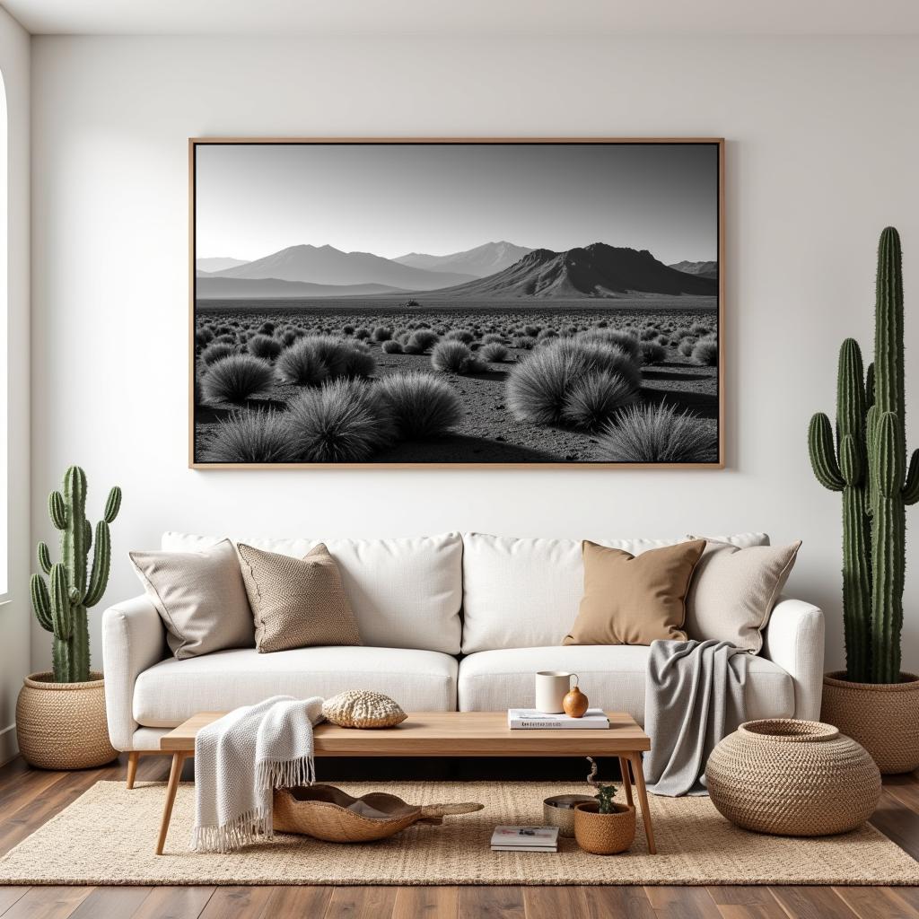 Desert Inspired Living Room with Black and White Wall Art