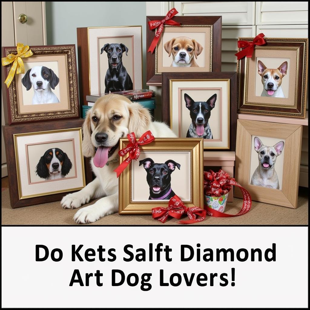 A selection of finished diamond art dog breed pieces, presented as thoughtful gifts.