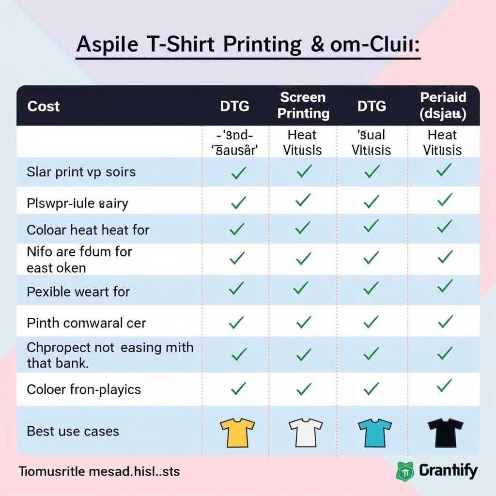 Comparison of various t-shirt printing methods like screen printing, DTG, and heat transfer.