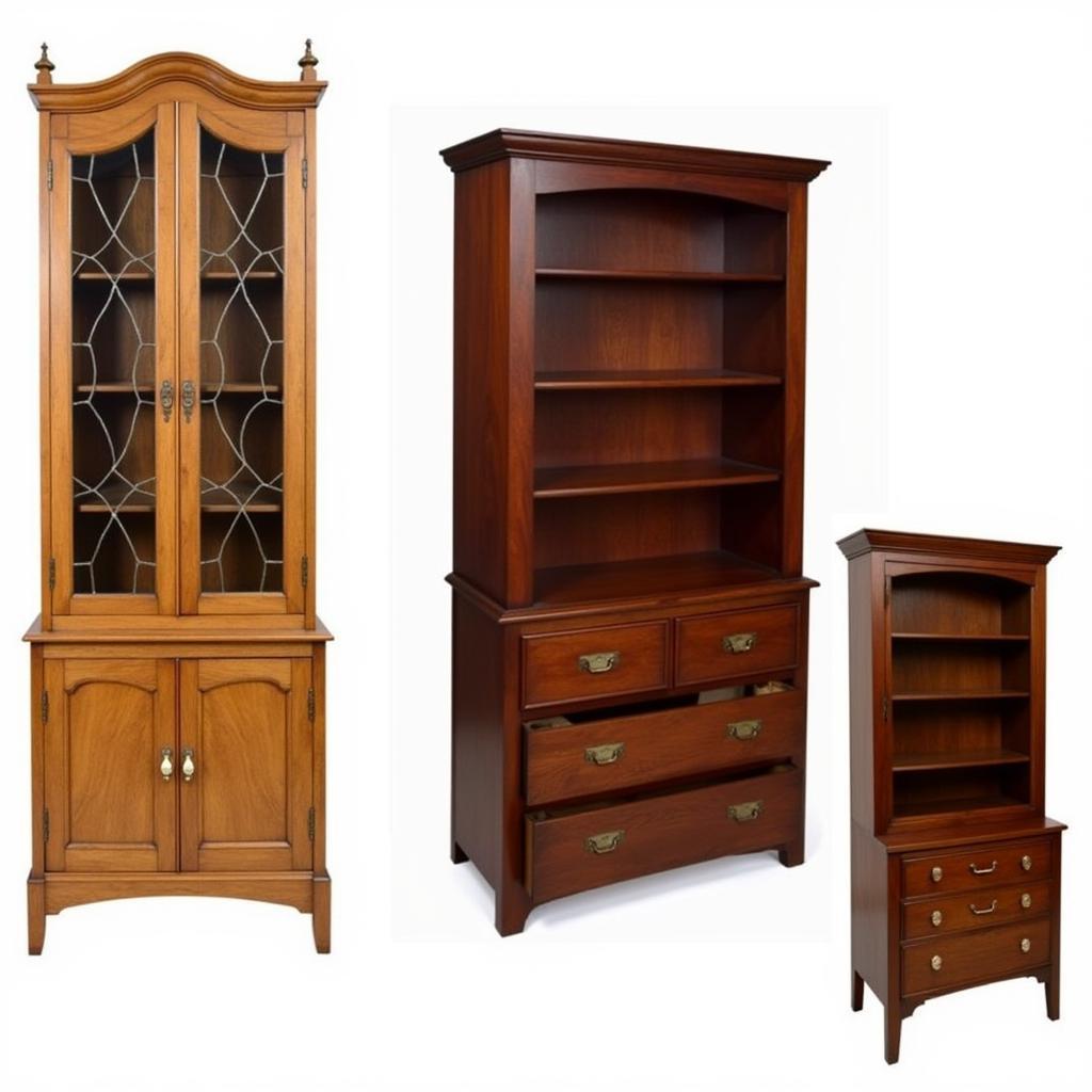 A collage showcasing various styles of Arts & Crafts bookcases, ranging from small to large, with different wood types and designs.