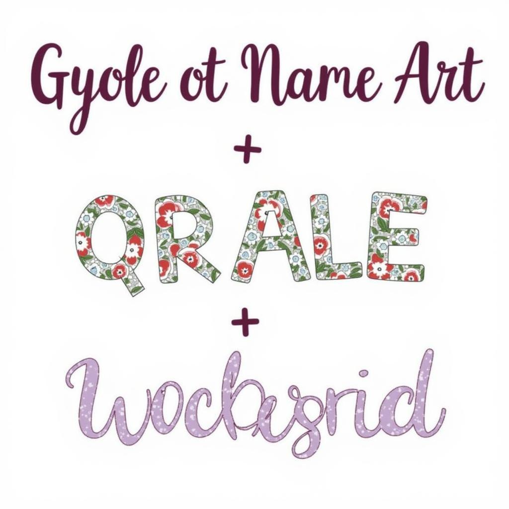 Examples of various printable name art styles, including minimalist, intricate, and whimsical.