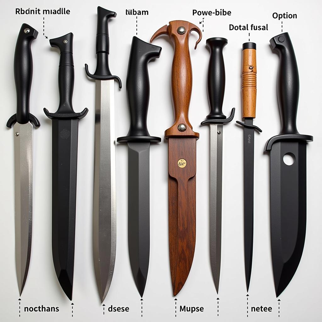 Different types of training knives for martial arts