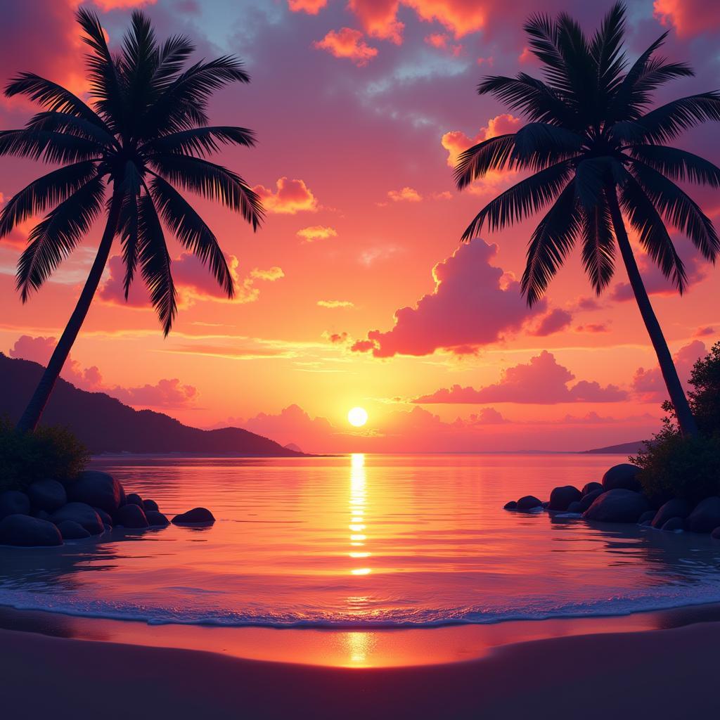 Digital art depicting a vibrant sunset over a tropical beach