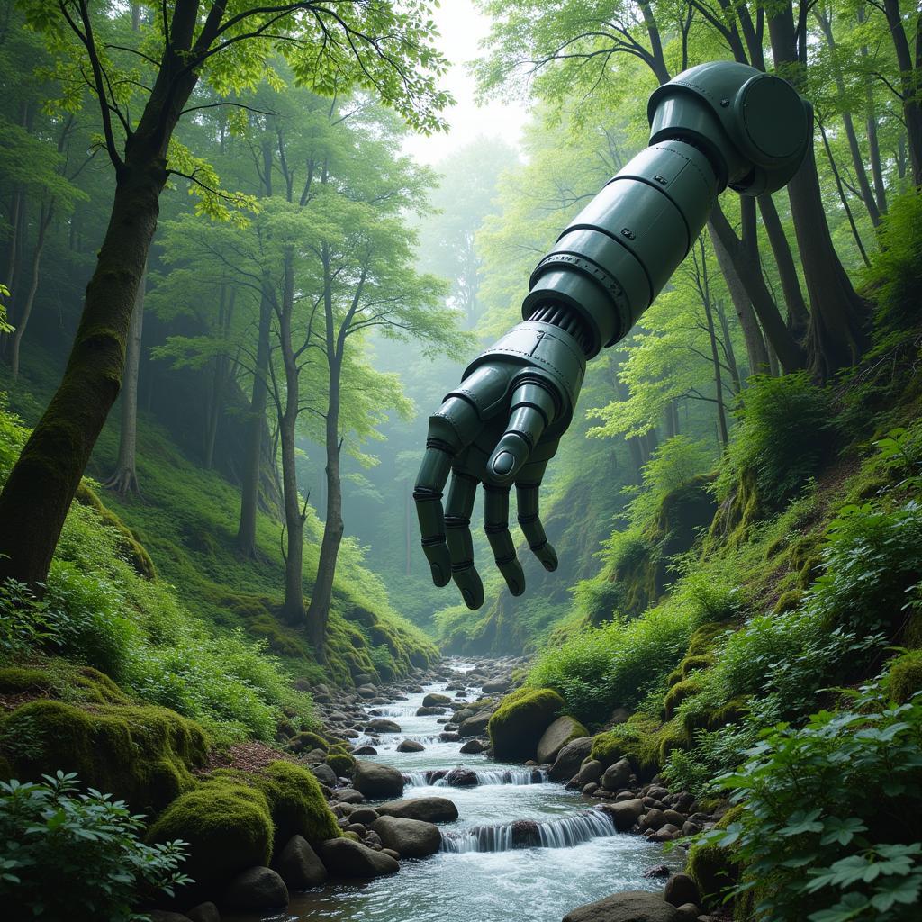 Digital art intrusion: A surreal landscape with a giant robotic hand reaching into a peaceful forest, disrupting the natural harmony.