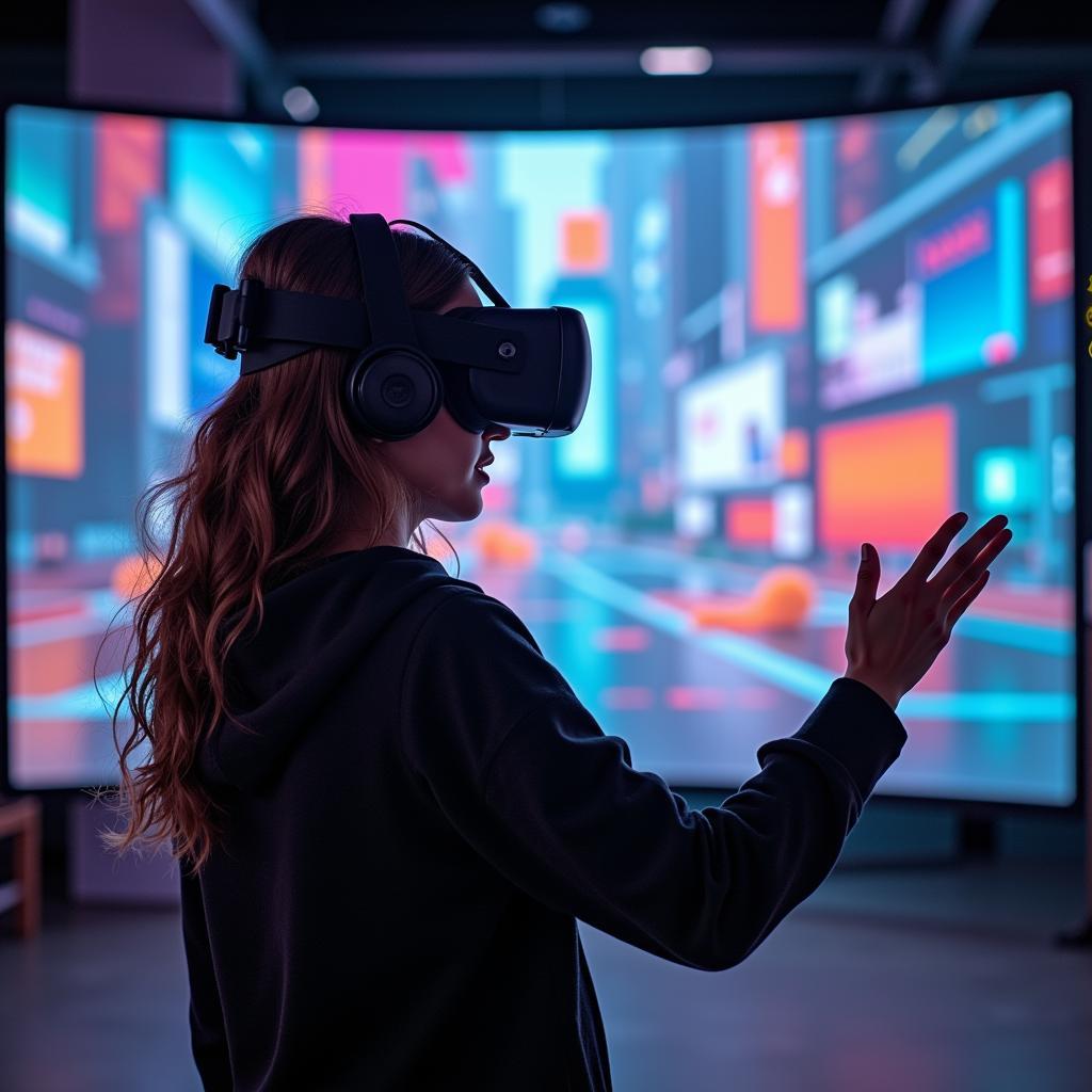 A person wearing a VR headset, immersed in a virtual reality experience, demonstrating the art of pretend in the digital realm.