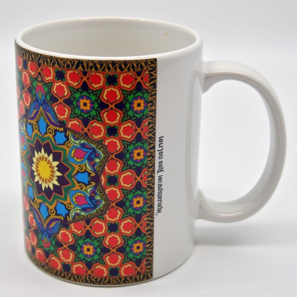 Digitally printed art on a mug featuring a vibrant geometric pattern.