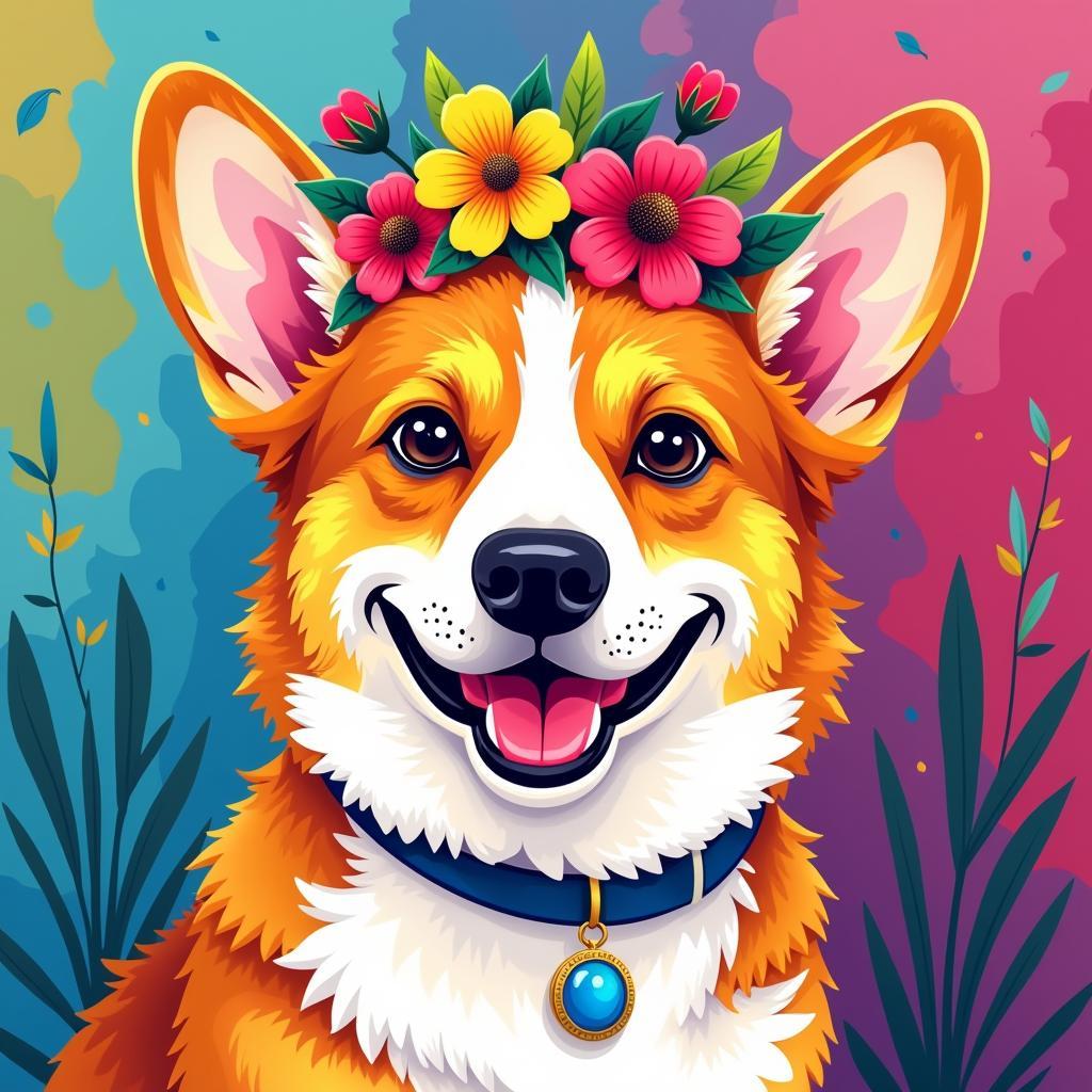 Digital Corgi Illustration with Floral Crown