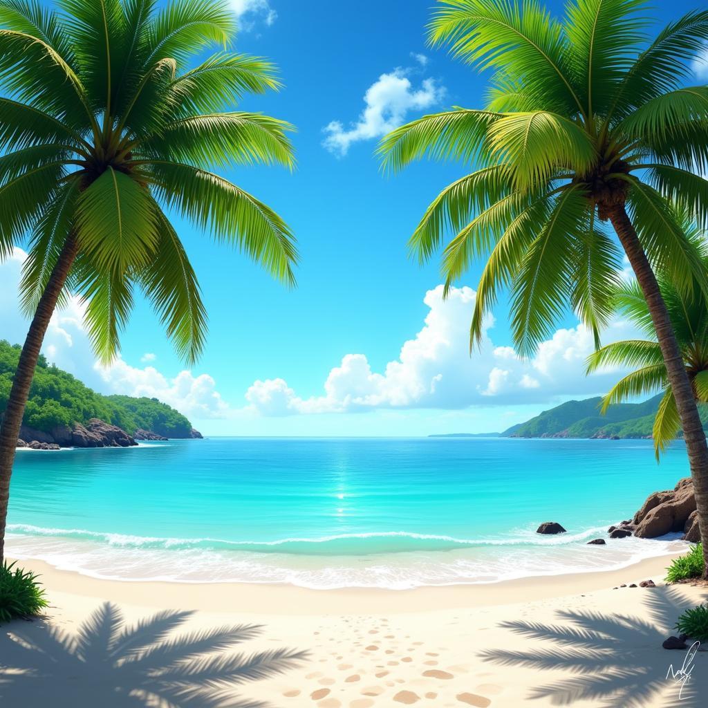 Digital painting of a tropical beach paradise with palm trees swaying in the breeze.