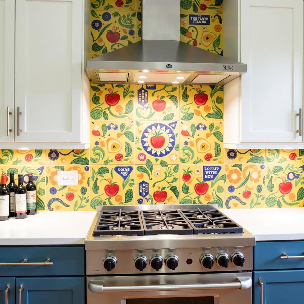 DIY ceramic tile wall art in a kitchen backsplash