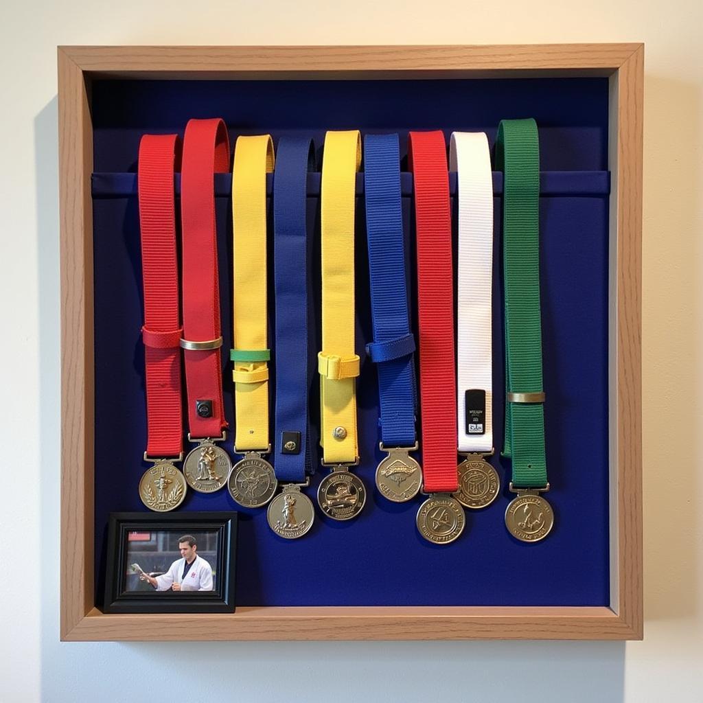 A DIY martial arts belt display created using a shadow box, showcasing belts, medals, and other mementos.