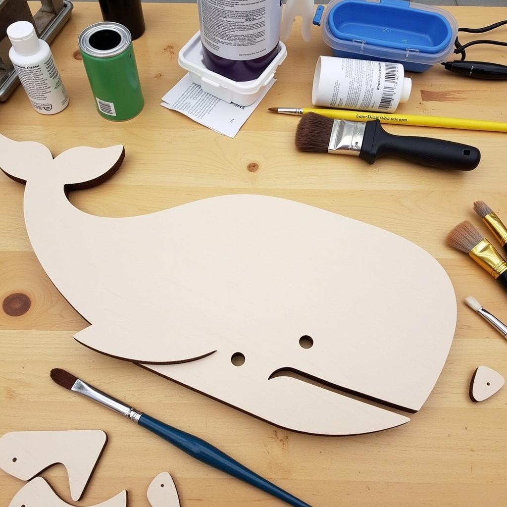 DIY wooden whale wall art project in progress