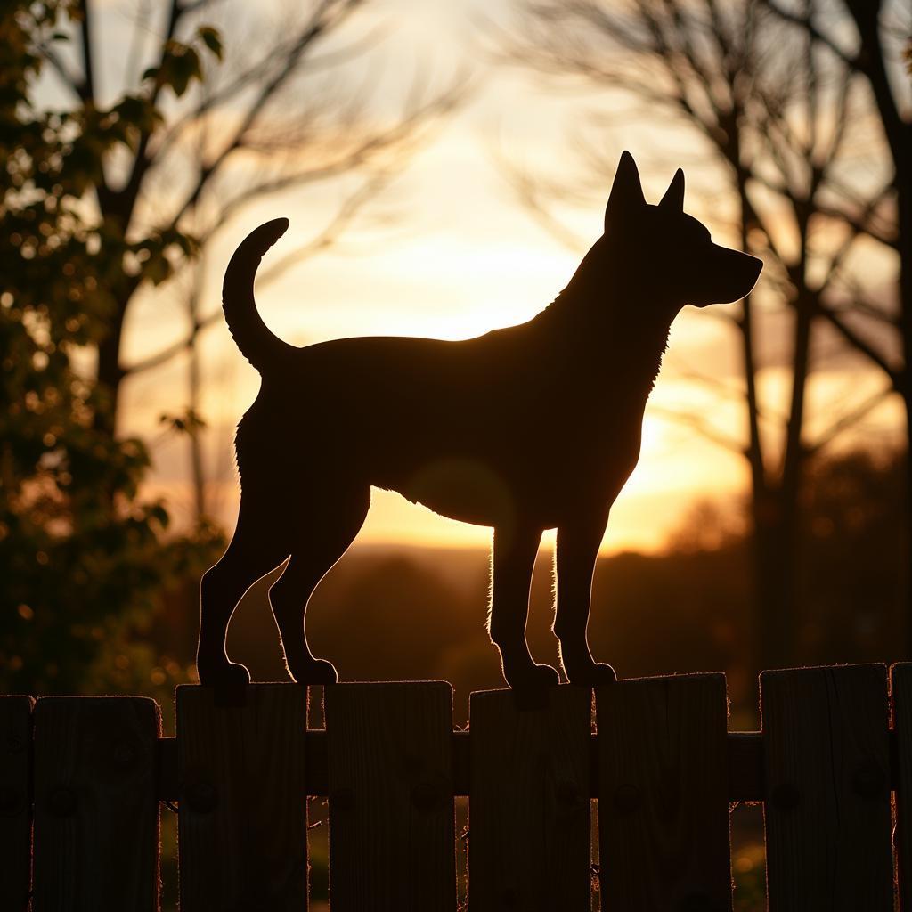 Dog metal art silhouette on a garden fence