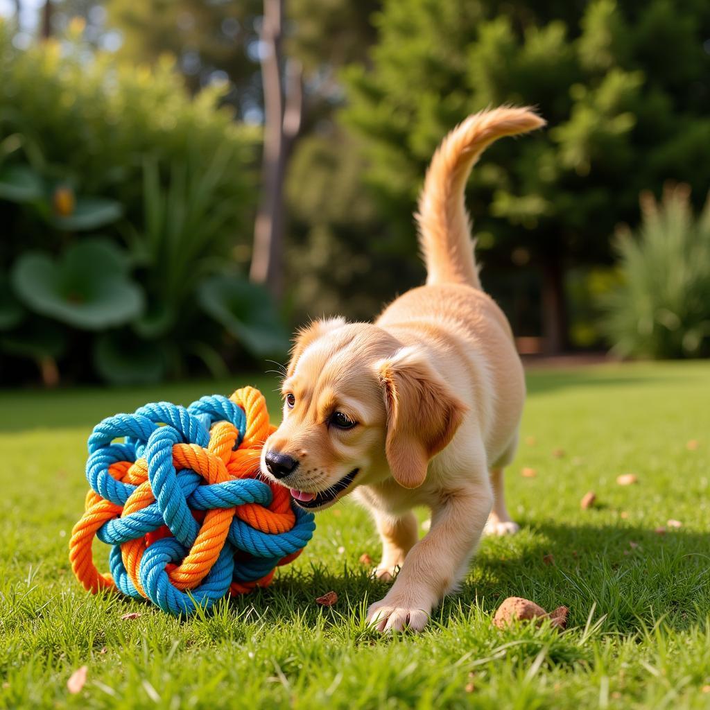 Dog playfully interacting with a vibrant rope toy transformed into a captivating art piece