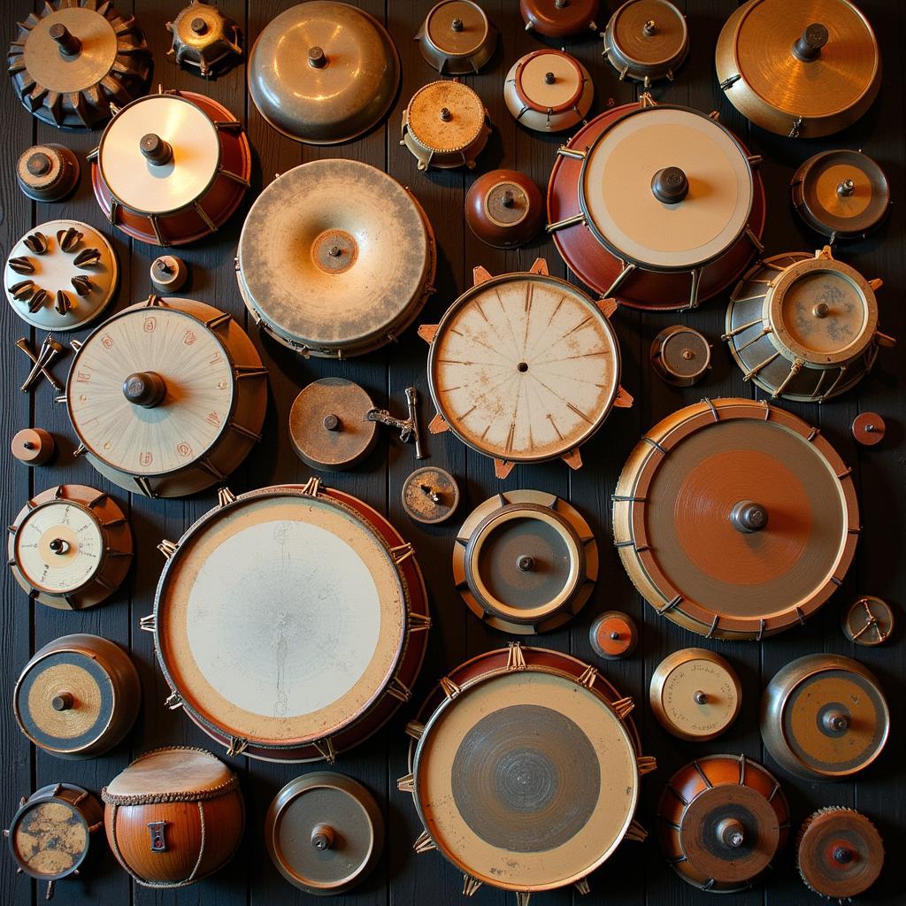 Wall art with drums, cymbals, and tambourines.