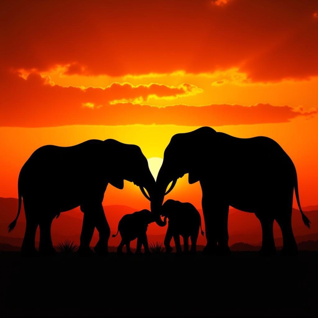 Digital art of an elephant family against an African sunset