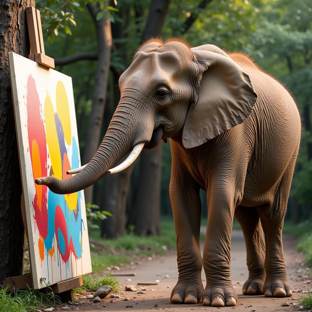 Elephant Painting a Colorful Abstract Artwork on Canvas