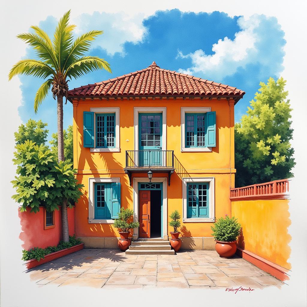 Emilio Sanchez Caribbean Building Watercolor Painting