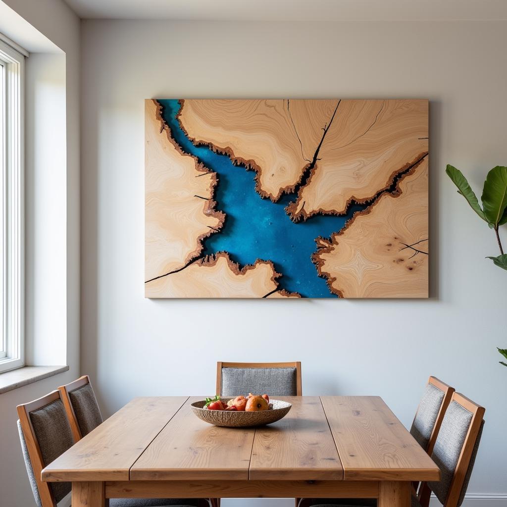 Epoxy resin and wood art in a dining room