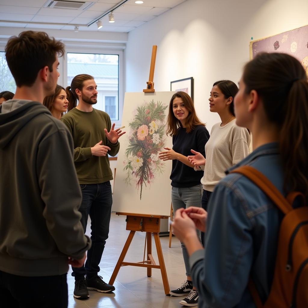 Essential Questions for Art Students - A group of art students engaged in a lively discussion about a painting, exploring various interpretations and perspectives.