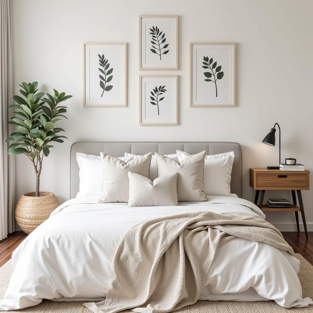 Eucalyptus wall art as part of a serene bedroom décor