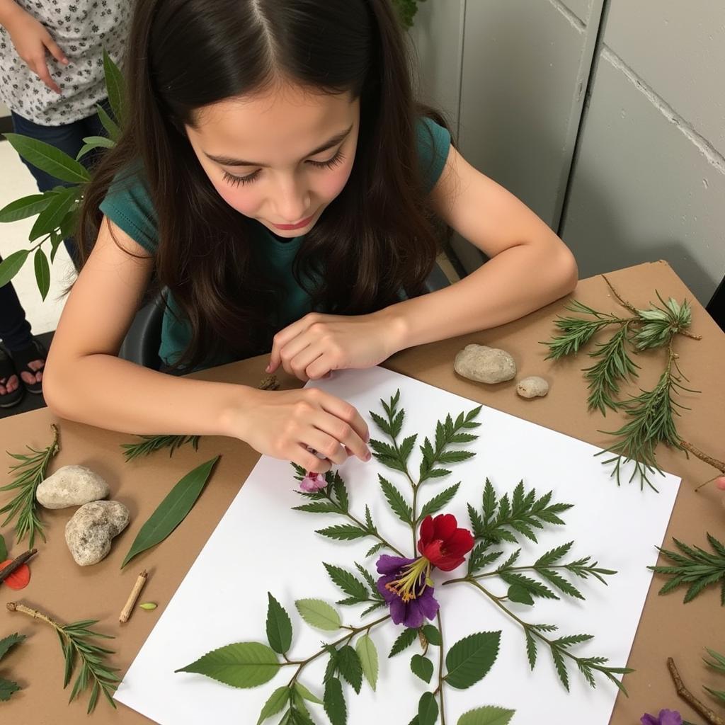 Cadette creating art with natural materials