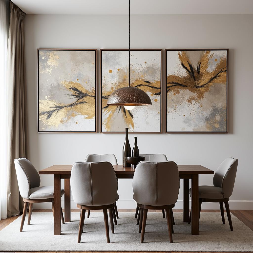 Extra large 3 piece wall art in a dining room, featuring bold geometric patterns and metallic accents.