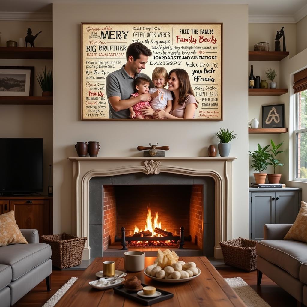 Personalized family wall art displayed above a fireplace in a cozy living room