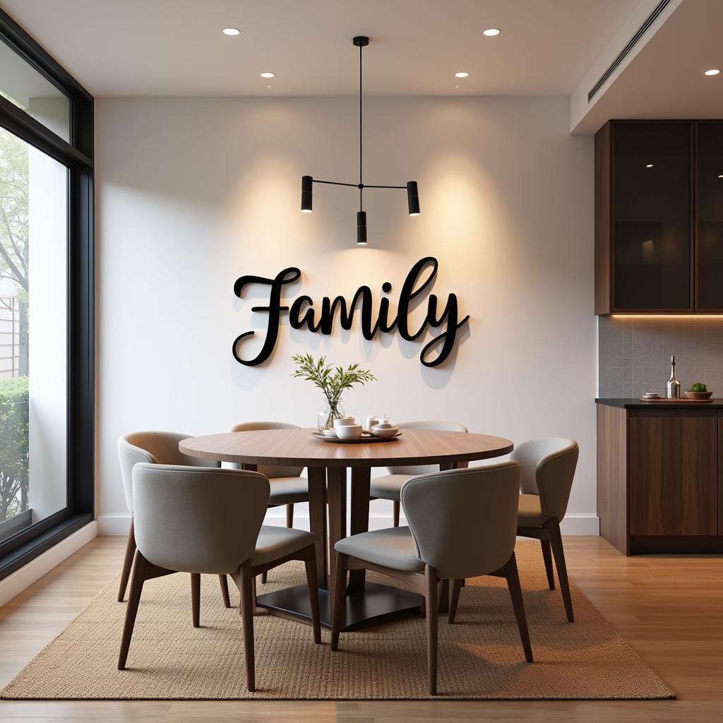 A beautifully crafted family word art piece displayed in a dining room.