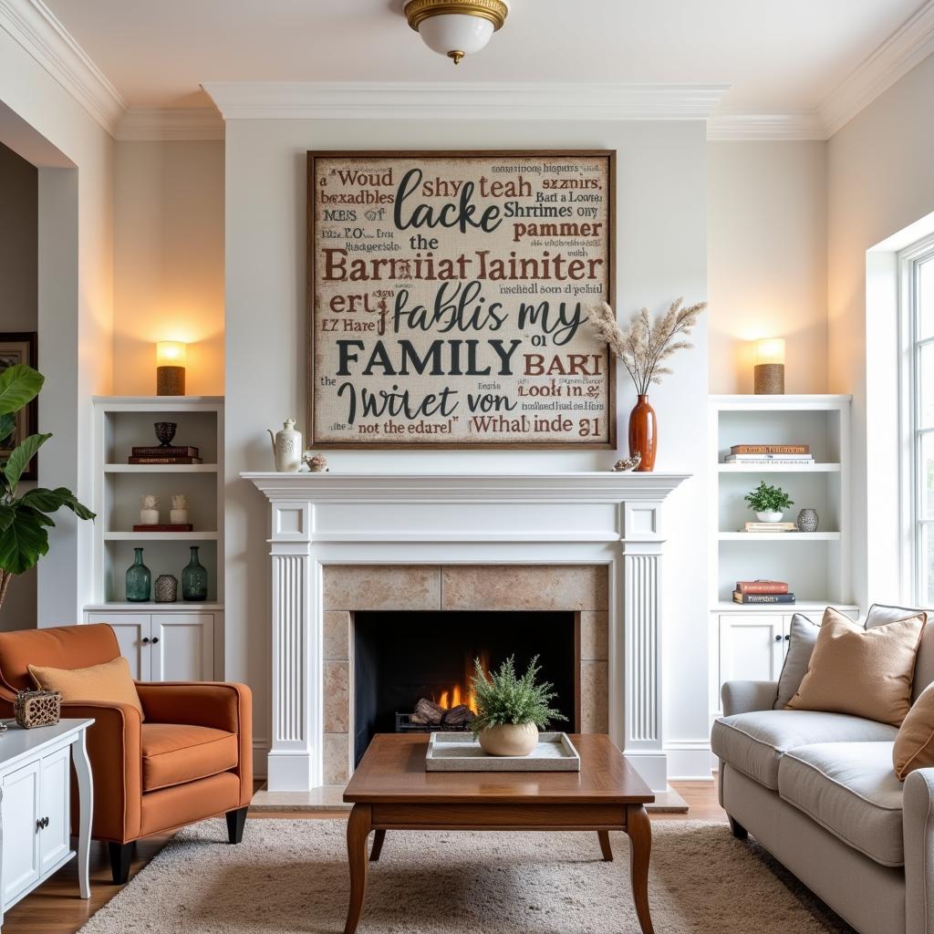 Family word art displayed prominently in a cozy living room setting.