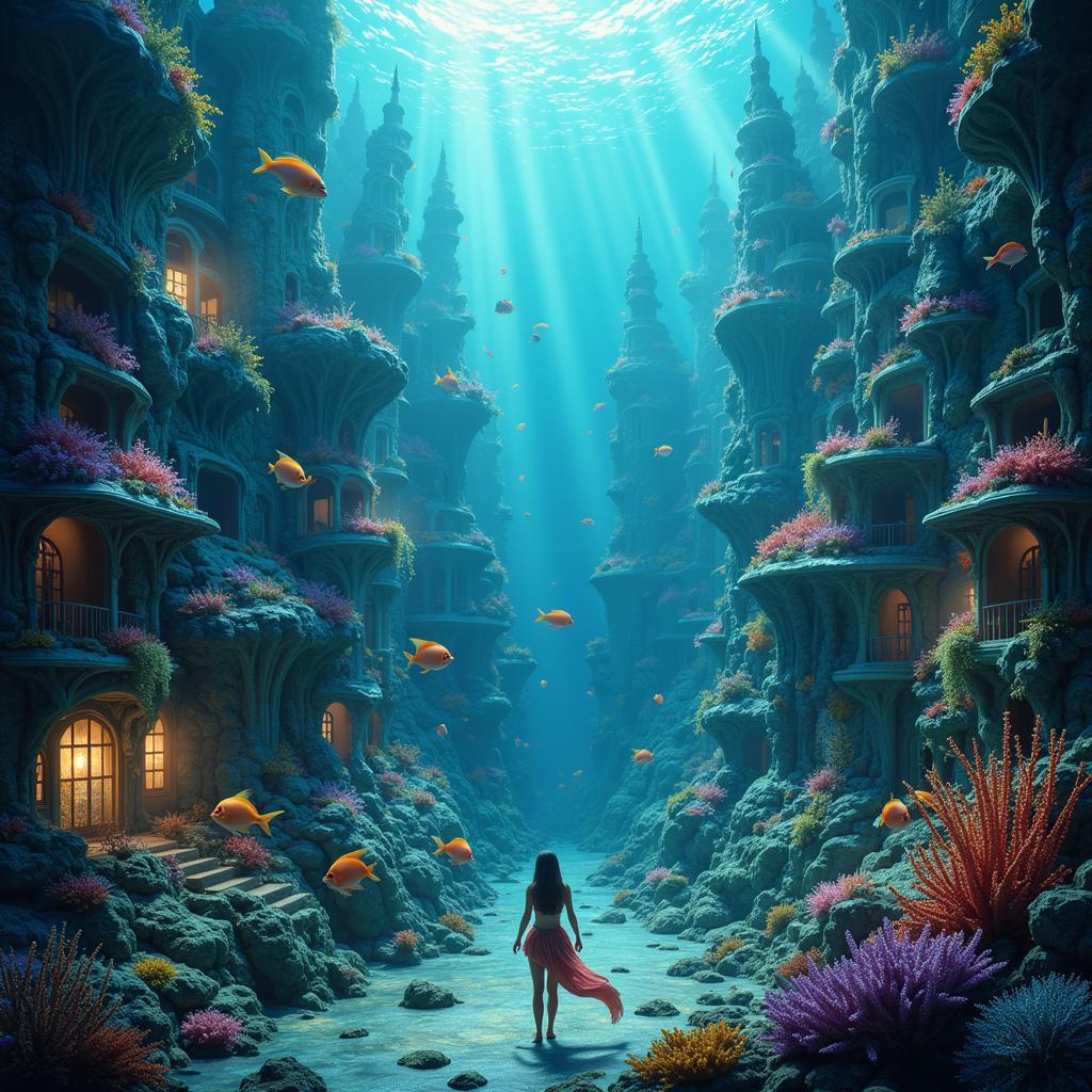 A vibrant underwater city teeming with merfolk and exotic sea creatures