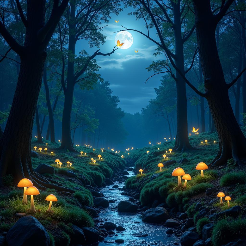 A magical forest bathed in moonlight, with glowing mushrooms and ethereal creatures