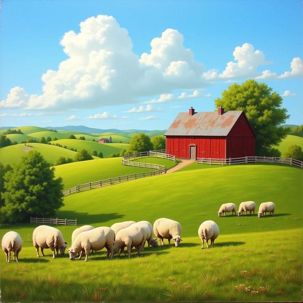 Landscape painting depicting a vibrant farm scene with rolling hills and a rustic barn