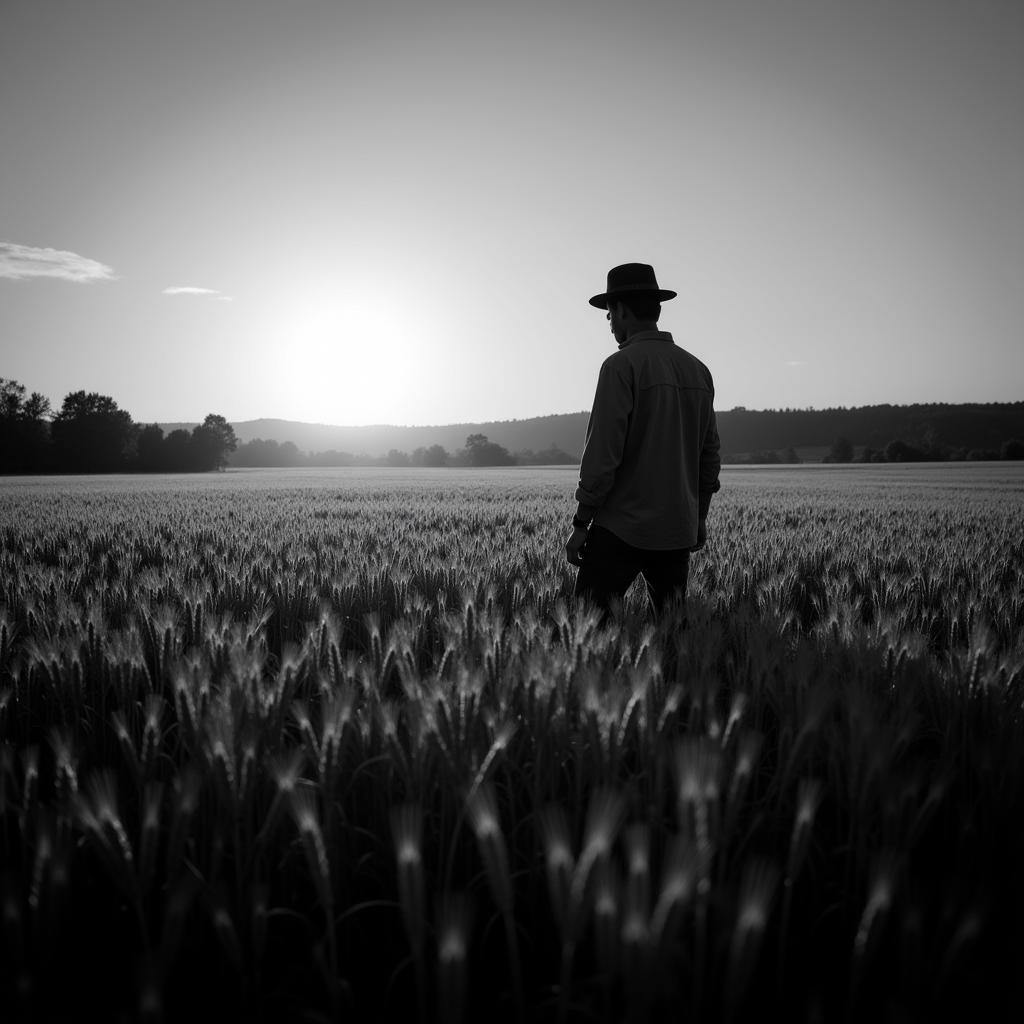 Black and white photograph of a farmer during harvest season.