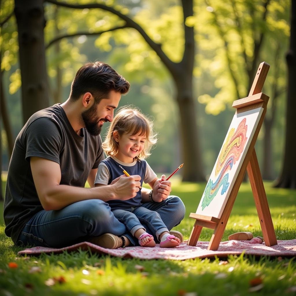 Father and Child Painting Together Outdoors