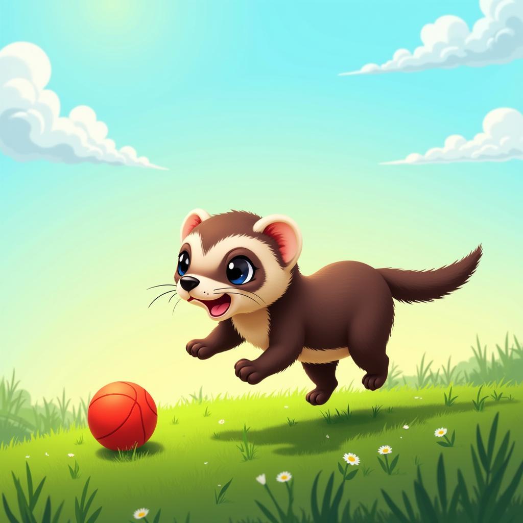 Digital illustration of a ferret playing with a ball