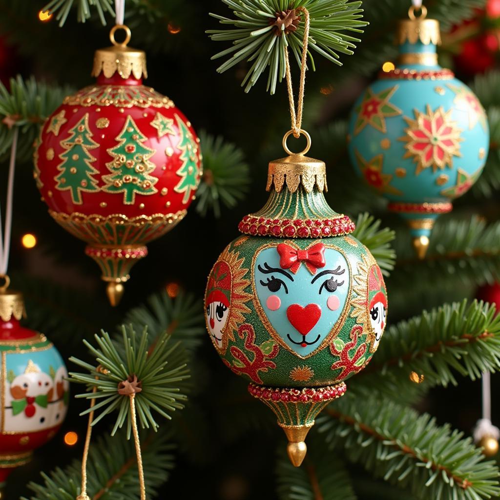 Christmas ornaments crafted with festive art techniques.